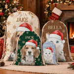 Personalised Watercolor Santa Hat Pet Photo Canvas Drawstring Gift Bag with Name Tree Decor Christmas Eve Gift for Pet Owners Lovers Kids