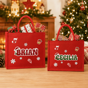 Personalised Christmas Theme Candy Cane Snowflake Santa Hat Large Capacity Jute Tote Bag with Name Christmas Gift for Kids Friends