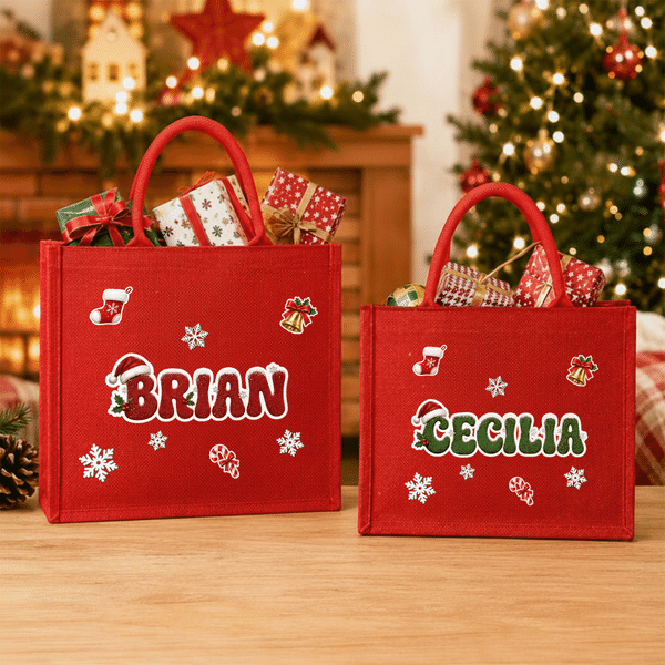 Personalised Christmas Theme Candy Cane Snowflake Santa Hat Large Capacity Jute Tote Bag with Name Christmas Gift for Kids Friends