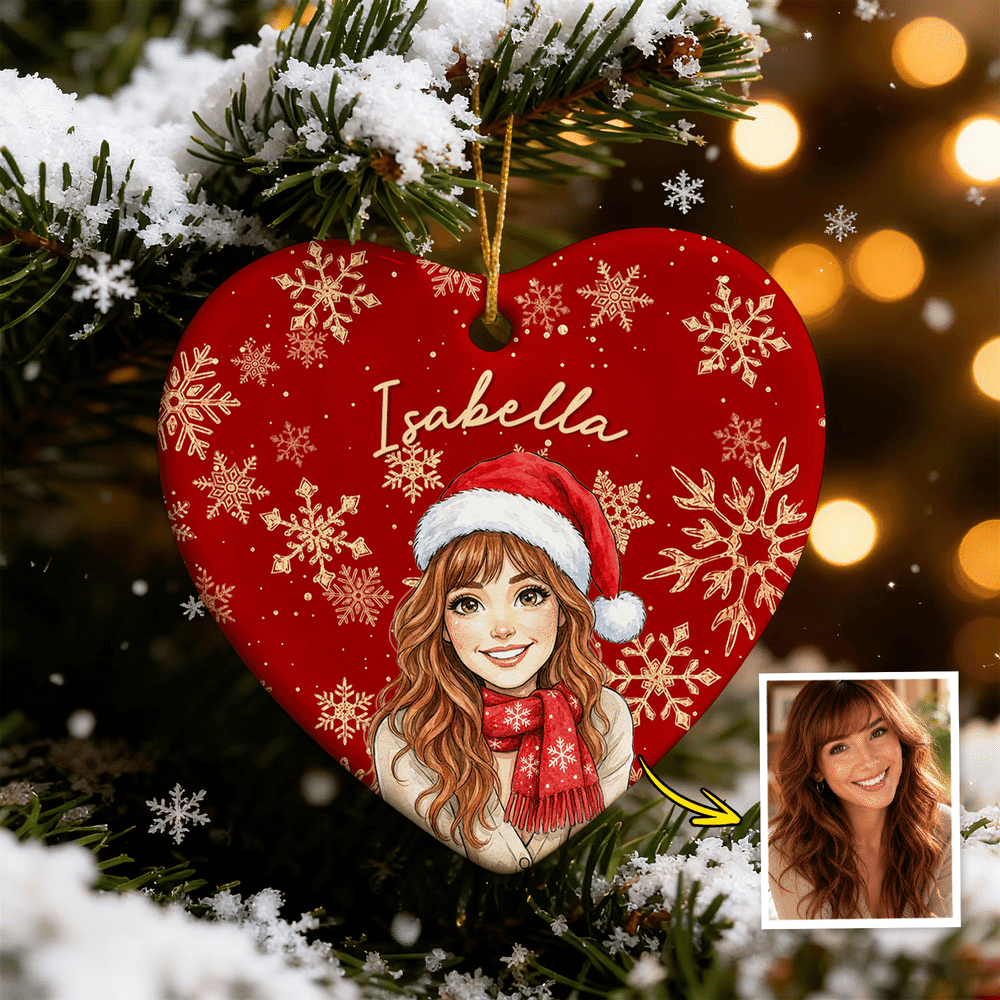 Personalized Watercolor Cartoon Character Photo Heart Round Ceramic Ornament with Name Christmas Holiday Gift for Family Friends 3