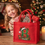 Personalised Christmas Theme Snowflake Holly Santa Hat Initial Large Capacity Linen Tote Bag with Name Christmas Party Holiday Gift for Family Friends