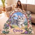Personalized Flower Wall Elements Jumping Pet Photo Cozy Blanket with Name Bedroom Decor Birthday Gift for Pet Lover