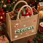 Personalised Christmas Theme Candy Cane Snowflake Santa Hat Large Capacity Jute Tote Bag with Name Christmas Gift for Kids Friends