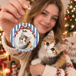 Personalised Watercolor Pet Portrait Bow Striped Ceramic Christmas Ornament with Name Home Decor Christmas Gift for Pet Owners Lovers