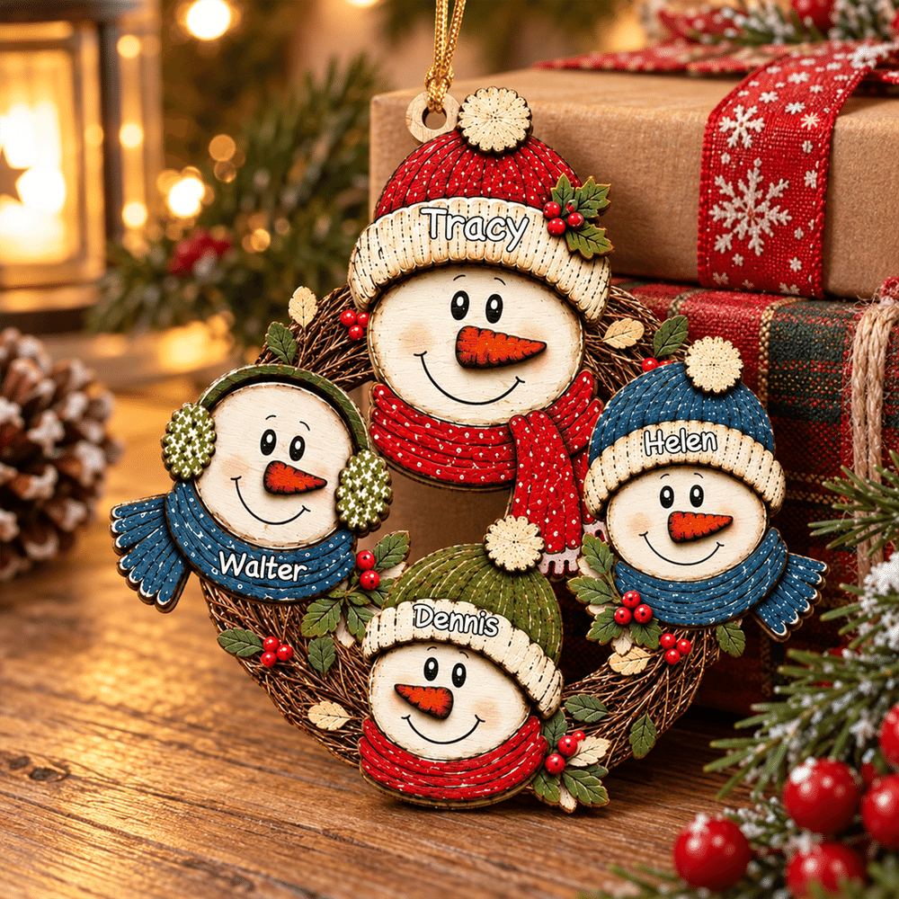 Personalised Snowman Family Wreath Wooden Christmas Ornament with Name Home Decor Christmas Gift for Family Grandma Grandpa 4