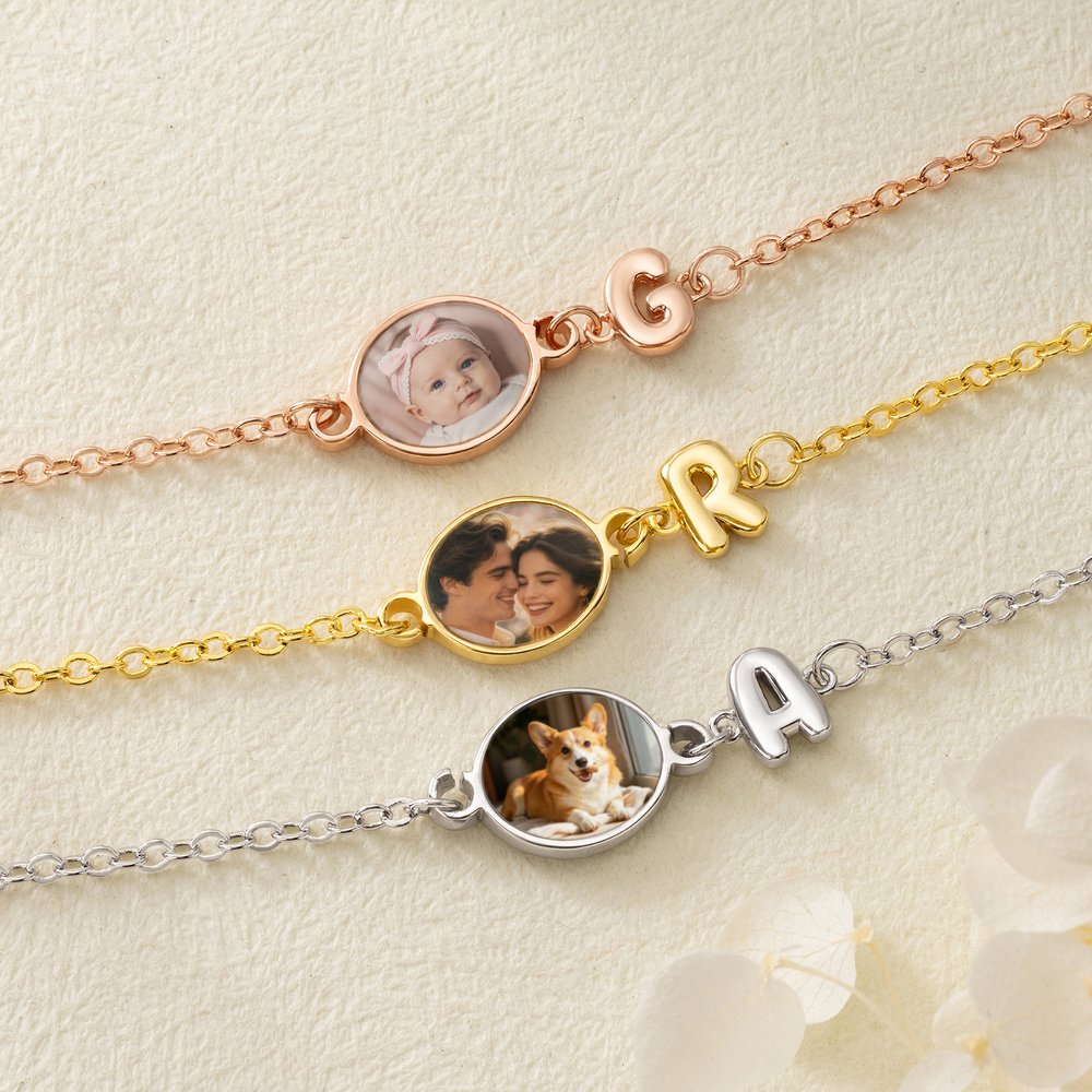 Personalized Heat-Activated Hidden Photo 3D Bubble Initial Sterling Silver Bracelet with Text Birthday Anniversary Gift for Her Pet Lover 2