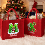 Personalized Santa Claus Snowman Reindeer Initial Large Capacity Red Jute Tote Bag with Name Christmas Gift for Kids Family Friends