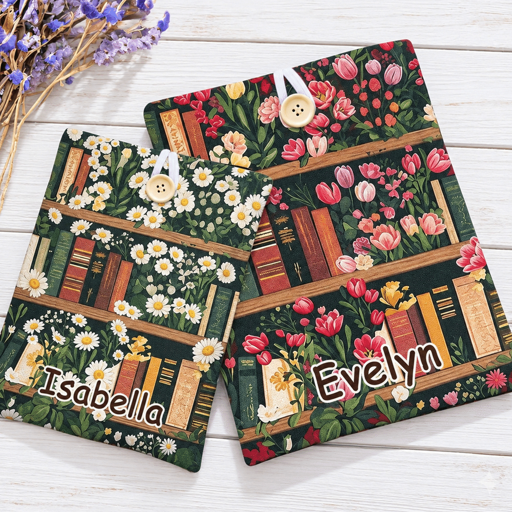 Personalized Vintage Birth Flower Bookshelf Book Sleeve with Name and Button Reading Accessory Birthday Gift for Book Lovers Students 1