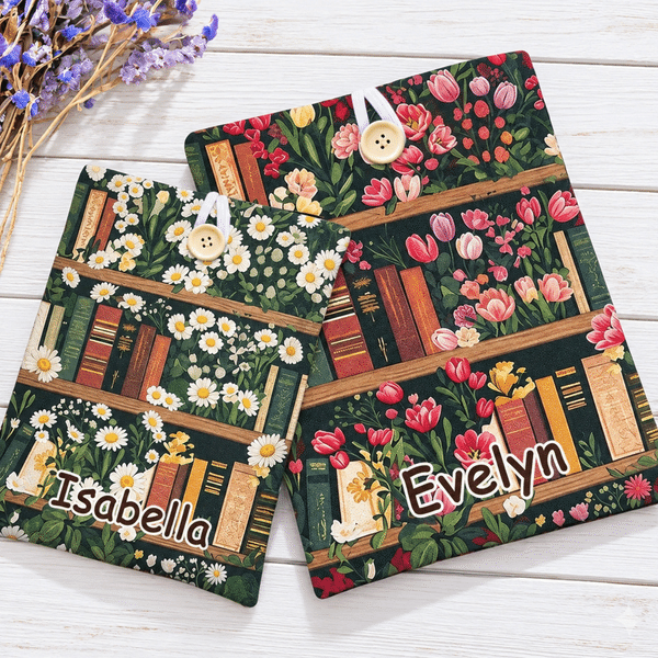 Personalized Vintage Birth Flower Bookshelf Book Sleeve with Name and Button Reading Accessory Birthday Gift for Book Lovers Students