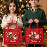 Personalised Cute Christmas Animal Santa Hat Reusable Red Linen Tote Gift Bag with Initial and Name Christmas Party Gift for Family Kids