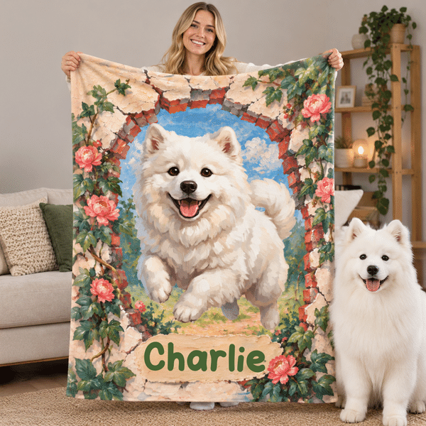 Personalized Flower Wall Elements Jumping Pet Photo Cozy Blanket with Name Bedroom Decor Birthday Gift for Pet Lover
