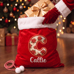 Personalized Merry Christmas Wavy Artistic Effect Initial Large Capacity Velvet Gift Bag with Name Christmas Holiday Gift for Kids Family Friends