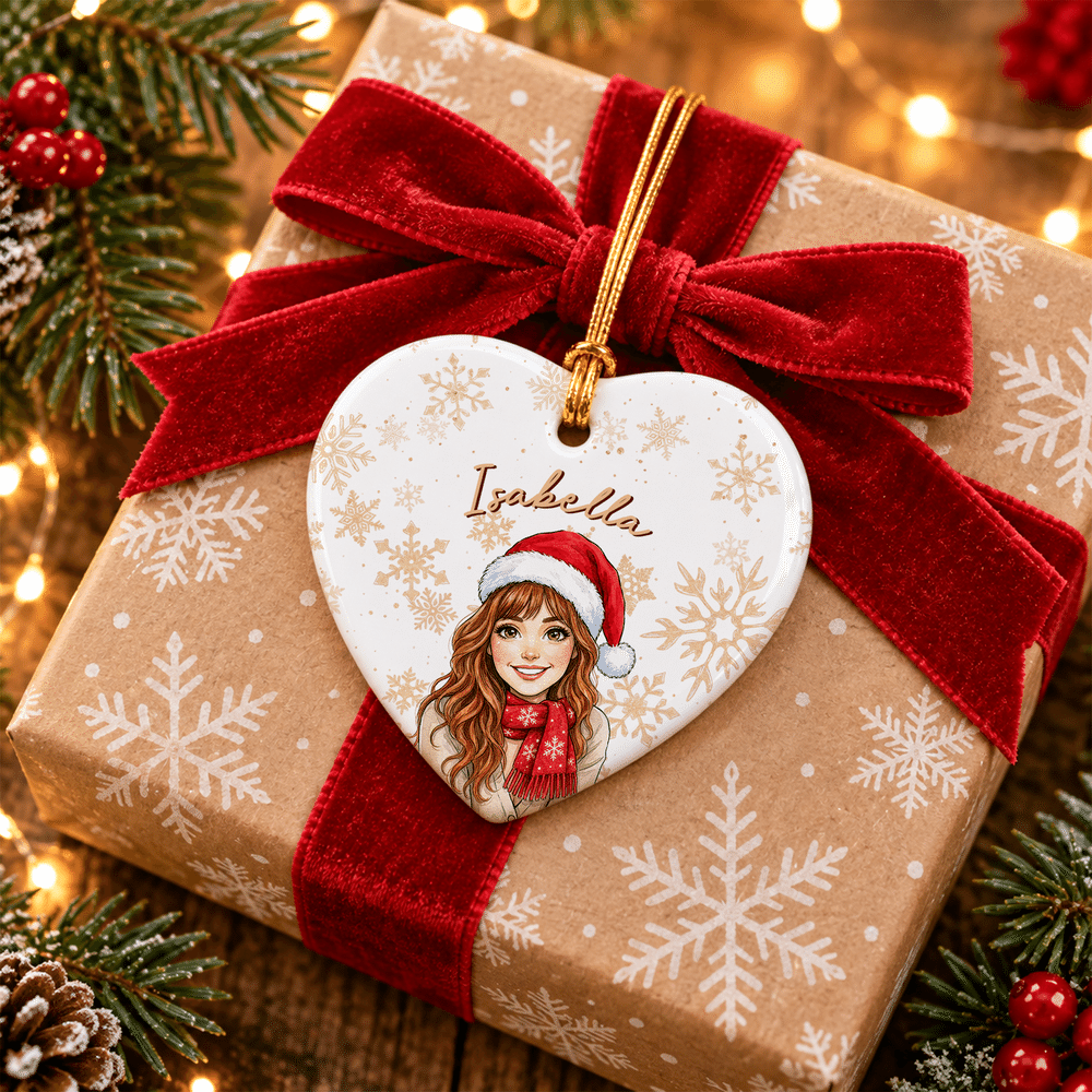 Personalized Watercolor Cartoon Character Photo Heart Round Ceramic Ornament with Name Christmas Holiday Gift for Family Friends 8