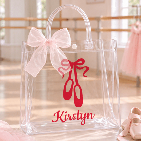 Personalized Ballerina Girl Pink Ribbon Bow Transparent Gift Bag with Name and Daily Use Birthday Christmas Gift for Girl Ballet Lover