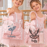 Personalized Ballerina Girl Pink Ribbon Bow Transparent Gift Bag with Name and Daily Use Birthday Christmas Gift for Girl Ballet Lover 4