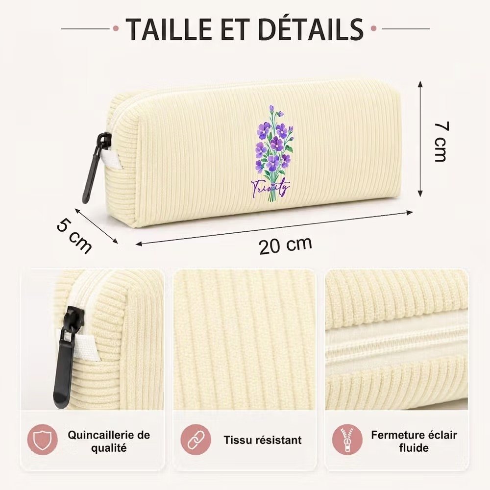 Trousse à crayons en velours côtelé personnalisée avec fleur de naissance et nom - Cadeau de rentrée pour enseignante 10