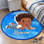 Personalised Cartoon Black Kid Non-Slip Round Rug with Name Nursery Decor Birthday Gift for Newborns Parents