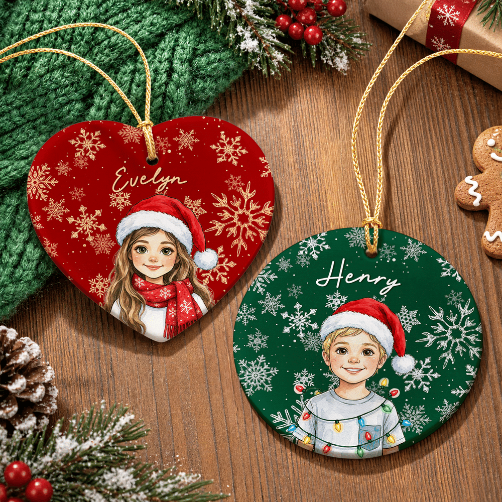 Personalized Watercolor Cartoon Character Photo Heart Round Ceramic Ornament with Name Christmas Holiday Gift for Family Friends 7