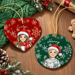 Personalized Watercolor Cartoon Character Photo Heart Round Ceramic Ornament with Name Christmas Holiday Gift for Family Friends 7