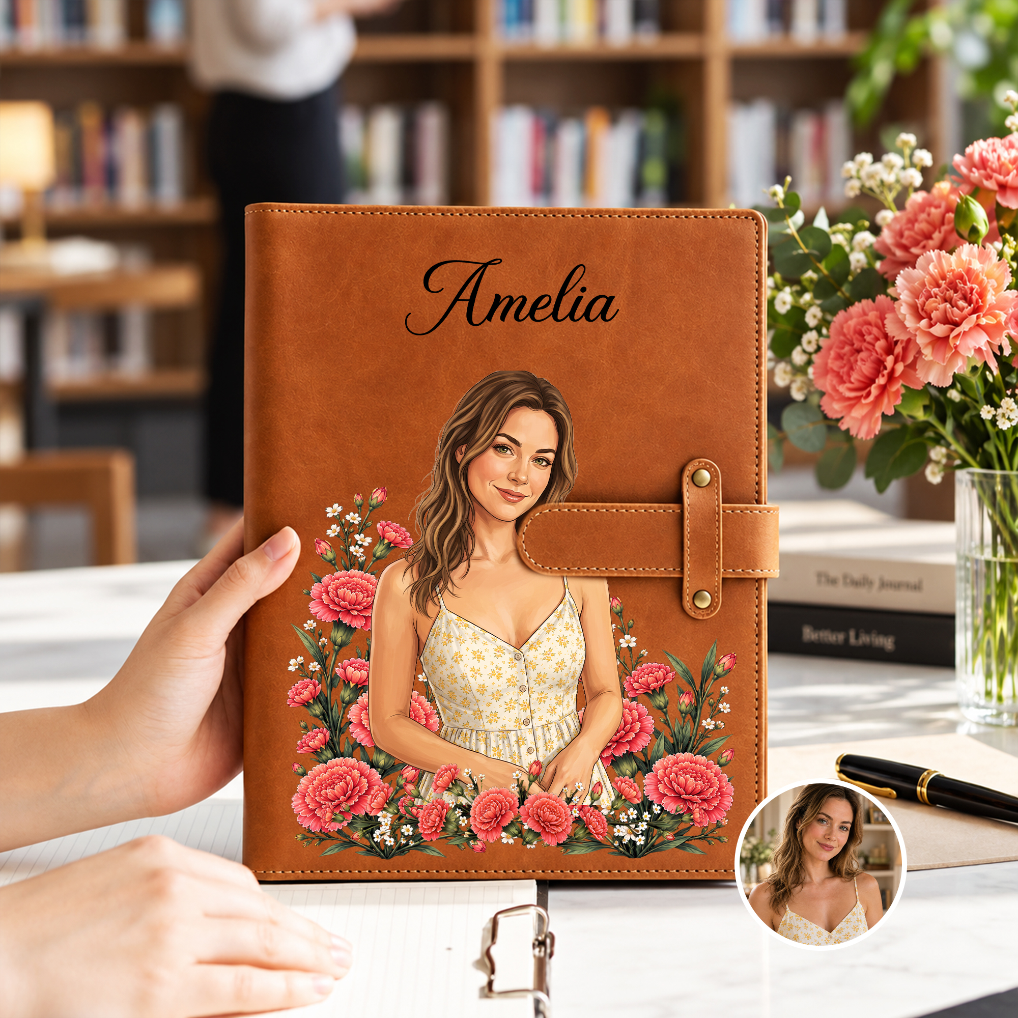Personalisiertes, mehrfarbiges Notizbuch mit Charakterporträt und Geburtsblume – mit Namen – als Geschenk zum Geburtstag oder zum Muttertag für Leserinnen und Frauen