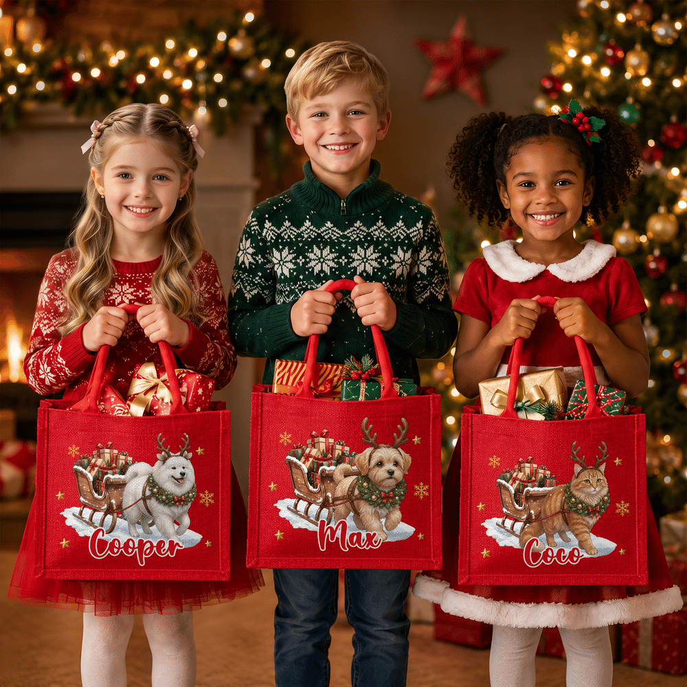 Personalised Cute Pet Photo Christmas Elk Antlers Large Capacity Red Jute Tote Bag with Name Christmas Party Gift for Kids Pet Lovers 6