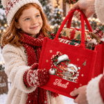 Personalised Cute Christmas Animal Santa Hat Reusable Red Linen Tote Gift Bag with Initial and Name Christmas Party Gift for Family Kids