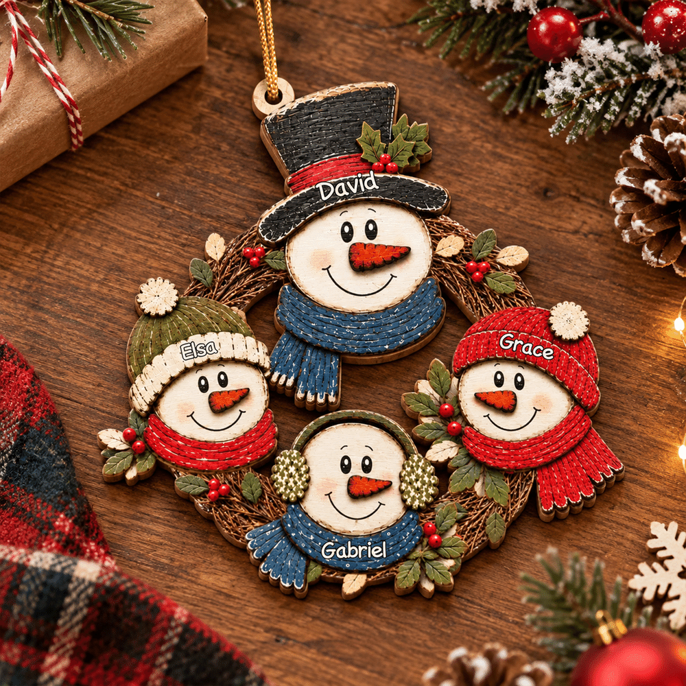Personalised Snowman Family Wreath Wooden Christmas Ornament with Name Home Decor Christmas Gift for Family Grandma Grandpa 5