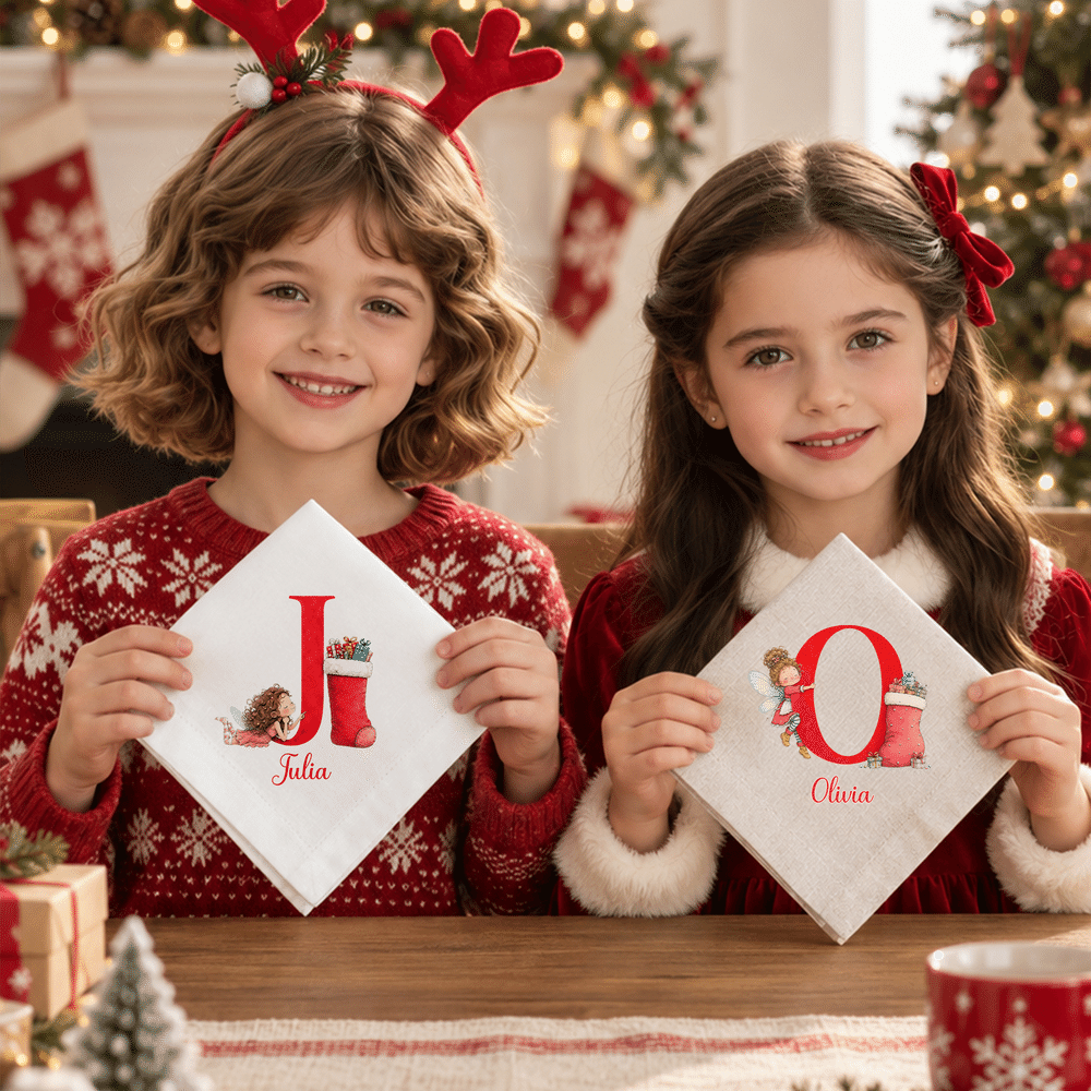 Servilleta de lino personalizada con iniciales y motivos navideños, ideal como decoración de mesa, regalo para fiestas navideñas, para niños, familiares y amigos 3