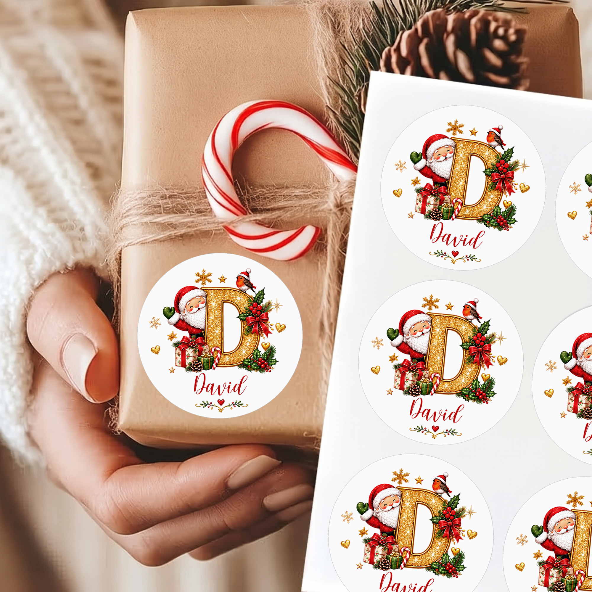 Personalisierte Weihnachtsaufkleber mit Glitzer – Weihnachtsmann, Stechpalme, Tannenzapfen und Initialen – wasserfest, mit Namen – Weihnachtsfeier, Festtagsgeschenk für Familie und Freunde