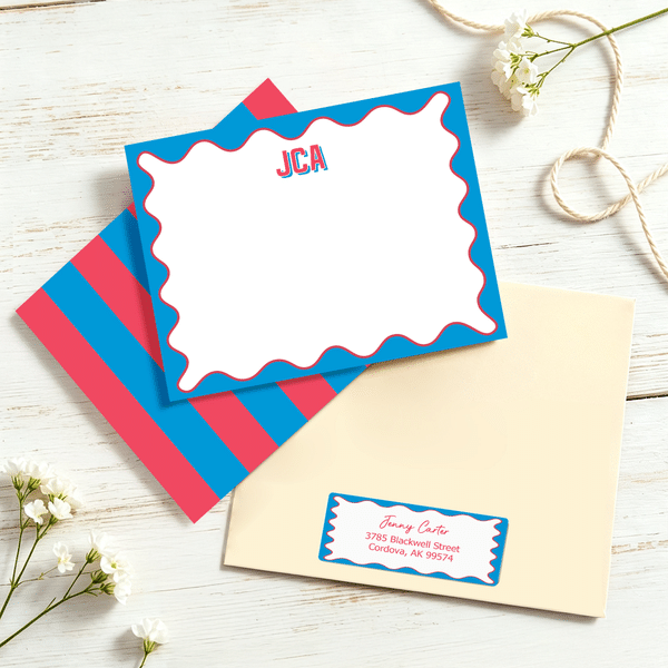 Personalized Vintage Wavy Border Flat Note Card with Initial and Address Sticker Set of  20 Daily Use Birthday Anniversary Gift for Friend Family