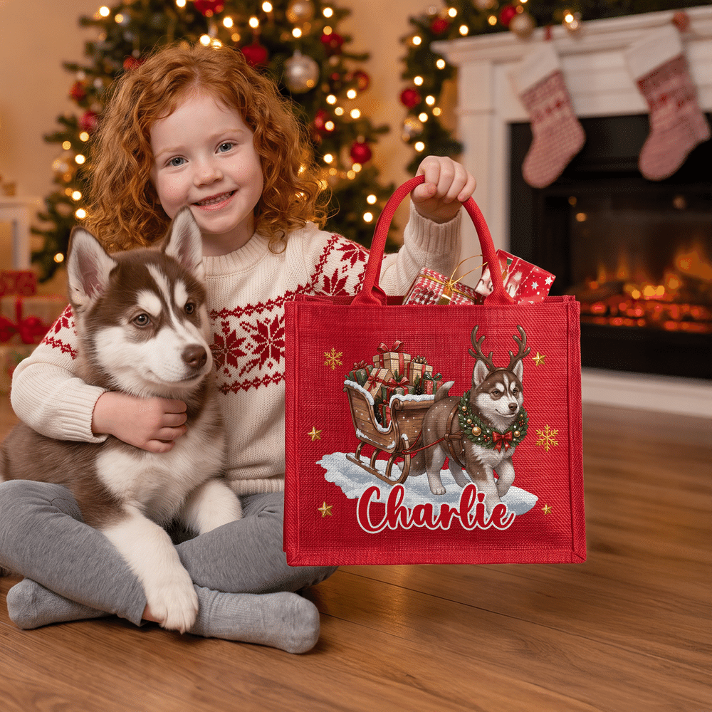 Personalised Cute Pet Photo Christmas Elk Antlers Large Capacity Red Jute Tote Bag with Name Christmas Party Gift for Kids Pet Lovers 4