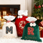 Personalized Merry Christmas Wavy Artistic Effect Initial Large Capacity Velvet Gift Bag with Name Christmas Holiday Gift for Kids Family Friends