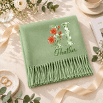 Personalised Diamond Style Birth Flower Soft Warm Tassel Scarf Shawl with Name and Initial Winter Accessory Birthday Christmas Gift for Family Friend