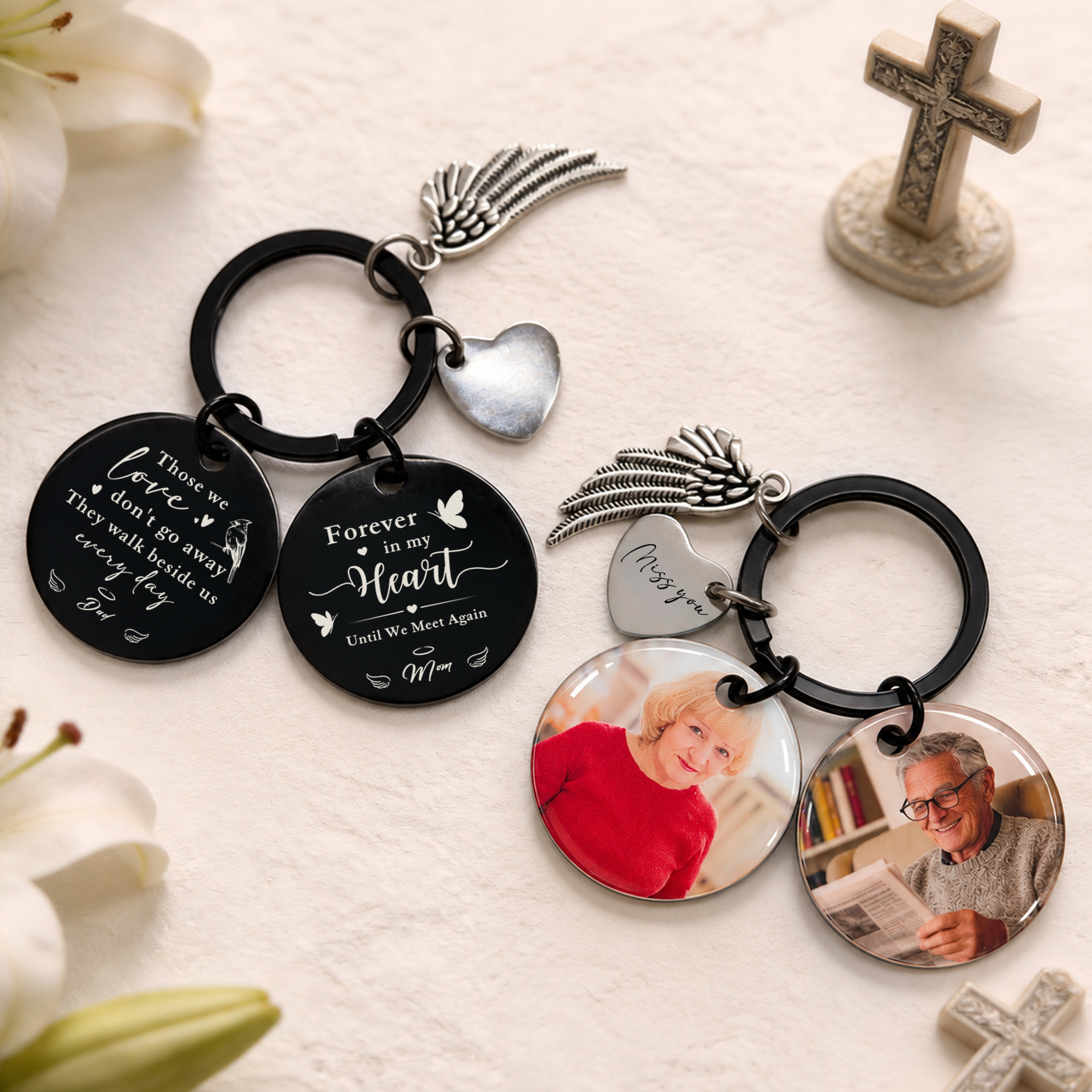 Personalized Heart Wing Photo Round Keychain Bag Tag with Nickname and Text Memorial Sympathy Gift for Dad Mom Family