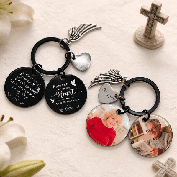 Llavero redondo personalizado con foto, alas y corazón, con apodo y texto; etiqueta para maleta; regalo conmemorativo y de condolencia para papá, mamá y la familia