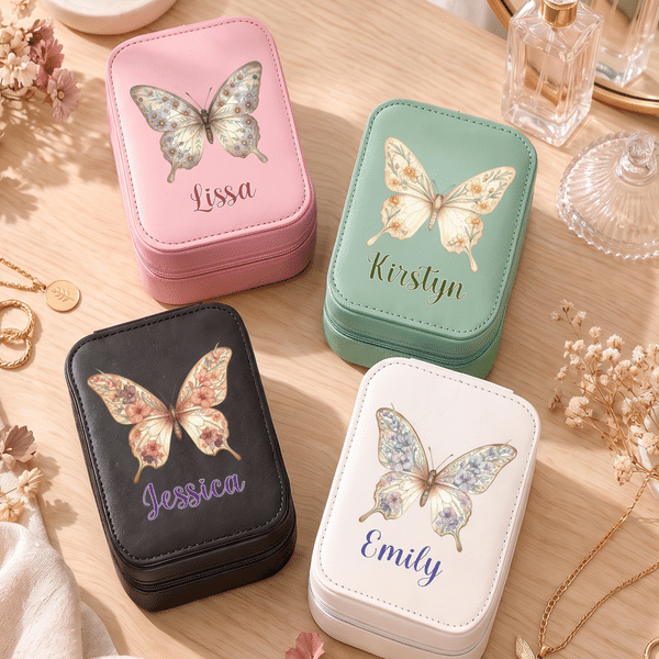 Personalized Butterfly Birth Flower PU Leather Jewelry Box with Name and LED Three-Color Adjustable Makeup Mirror Daily Use Birthday Gift for Woman