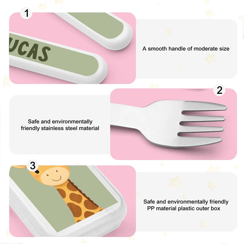Personalized Cartoon Wild Animal Fork Spoon Knife 3 Pcs Cutlery Set with Name and Case Daily Use Back to School Birthday Christmas Gift for Kids 8