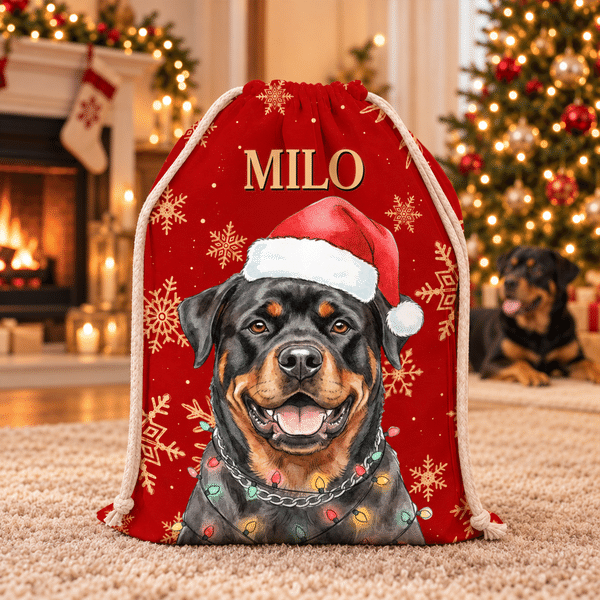 Personalized Watercolor Santa Hat Pet Photo Canvas Drawstring Gift Bag with Name Tree Decor Christmas Eve Gift for Pet Owners Lovers Kids