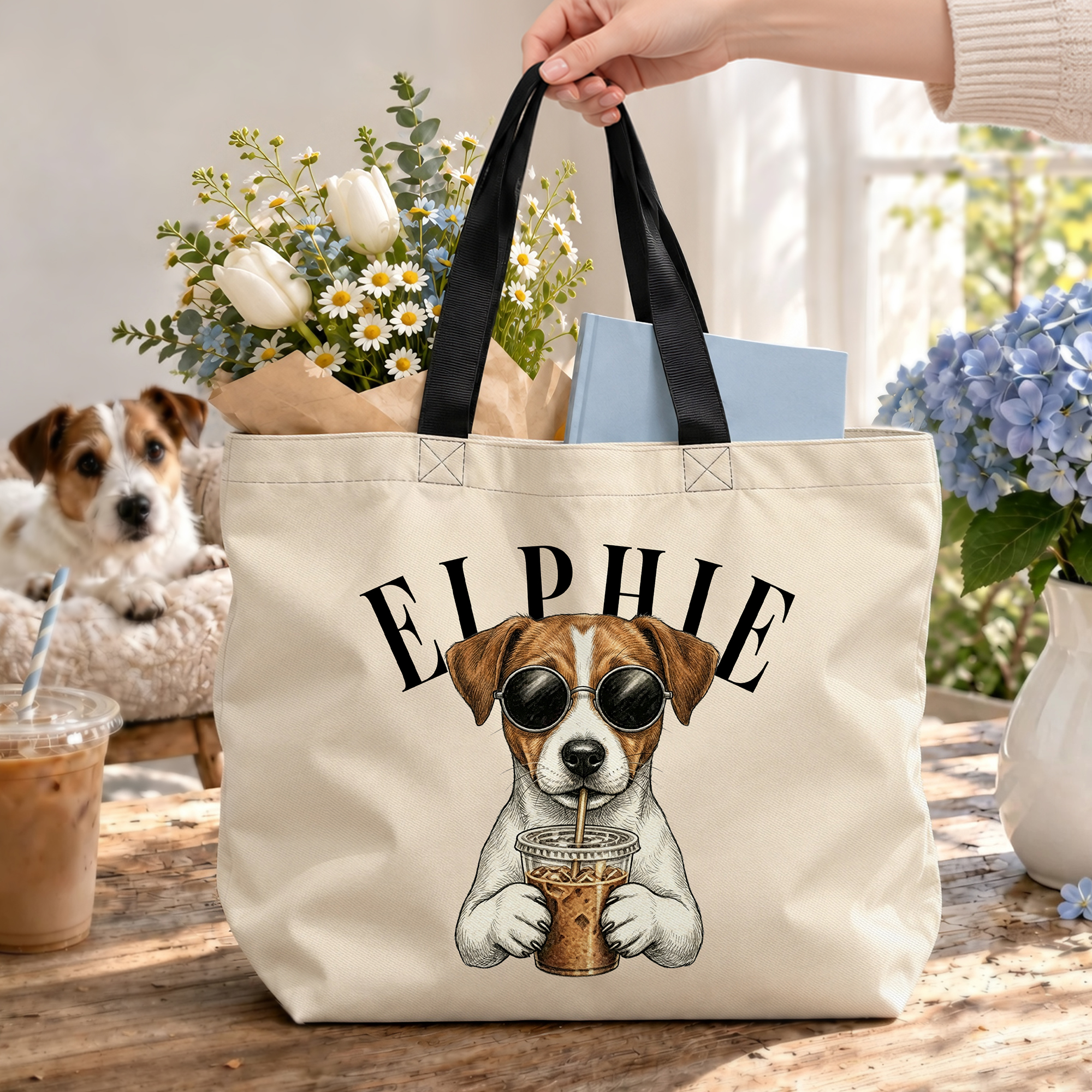 Personalisierte Tragetasche mit großem Fassungsvermögen im Kaffee-Design und Haustierfoto mit Namen – für den täglichen Gebrauch, auf Reisen oder als Geburtstagsgeschenk für Tierliebhaber, Familie und Freunde