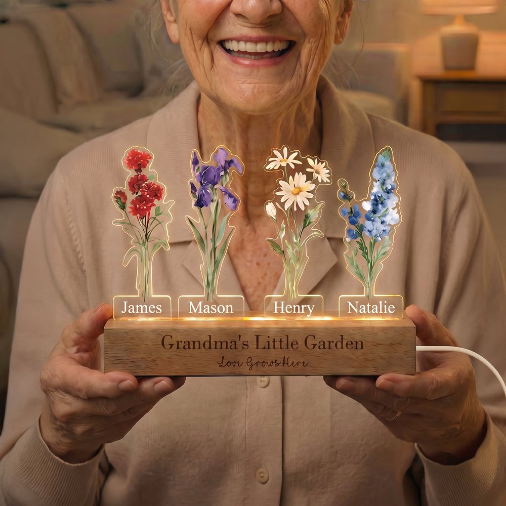 Personalised Dainty 1-8 Birth Flowers Acrylic LED Night Light with 1-8 Names and Wooden Base Christmas Birthday Gift for Mum Gran 3
