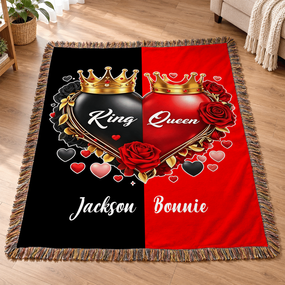 Manta suave personalizada con motivo romántico: rey, reina, corona y borla de rosa, con nombre; decoración para el hogar; regalo de Navidad, fiestas y días festivos para parejas, marido y mujer 6