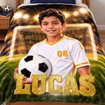 Couverture légère personnalisée pour garçon sur le thème du football, avec photo, prénom et numéro – Décoration d'intérieur, cadeau d'anniversaire sur le thème du sport pour un enfant passionné de football ou un jeune footballeur
