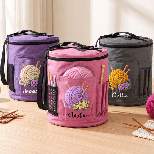 Personalised Yarn Ball Birth Flower Oxford Large Cylindrical Yarn Storage Bag with Name Daily Use Birthday Gift for Crochet Lovers Women