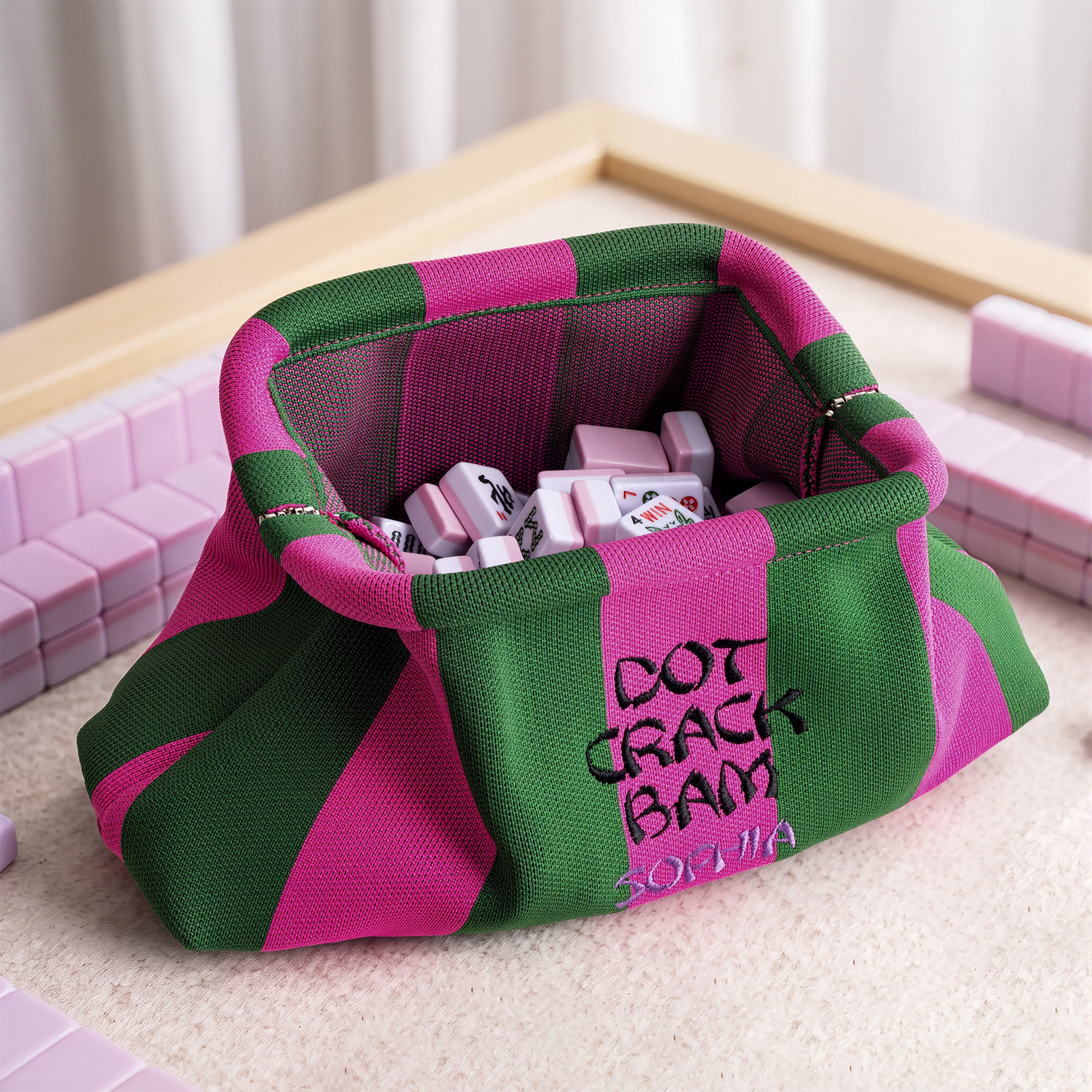 Personalisierte „Mahjong Queen“-Stricktasche mit Streifenmuster und großem Fassungsvermögen für Mahjong-Steine, mit gesticktem Namen – Weihnachtsgeschenk für Mahjong-Fans