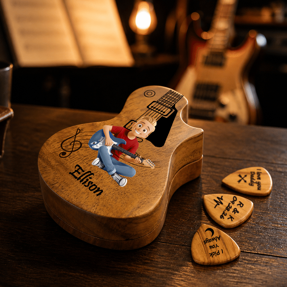 Étui porte-médiators en bois personnalisé avec personnage de dessin animé et effet 3D, comportant un texte avec le prénom et 3 médiators – Cadeau d'anniversaire pour les guitaristes et leurs parents 3