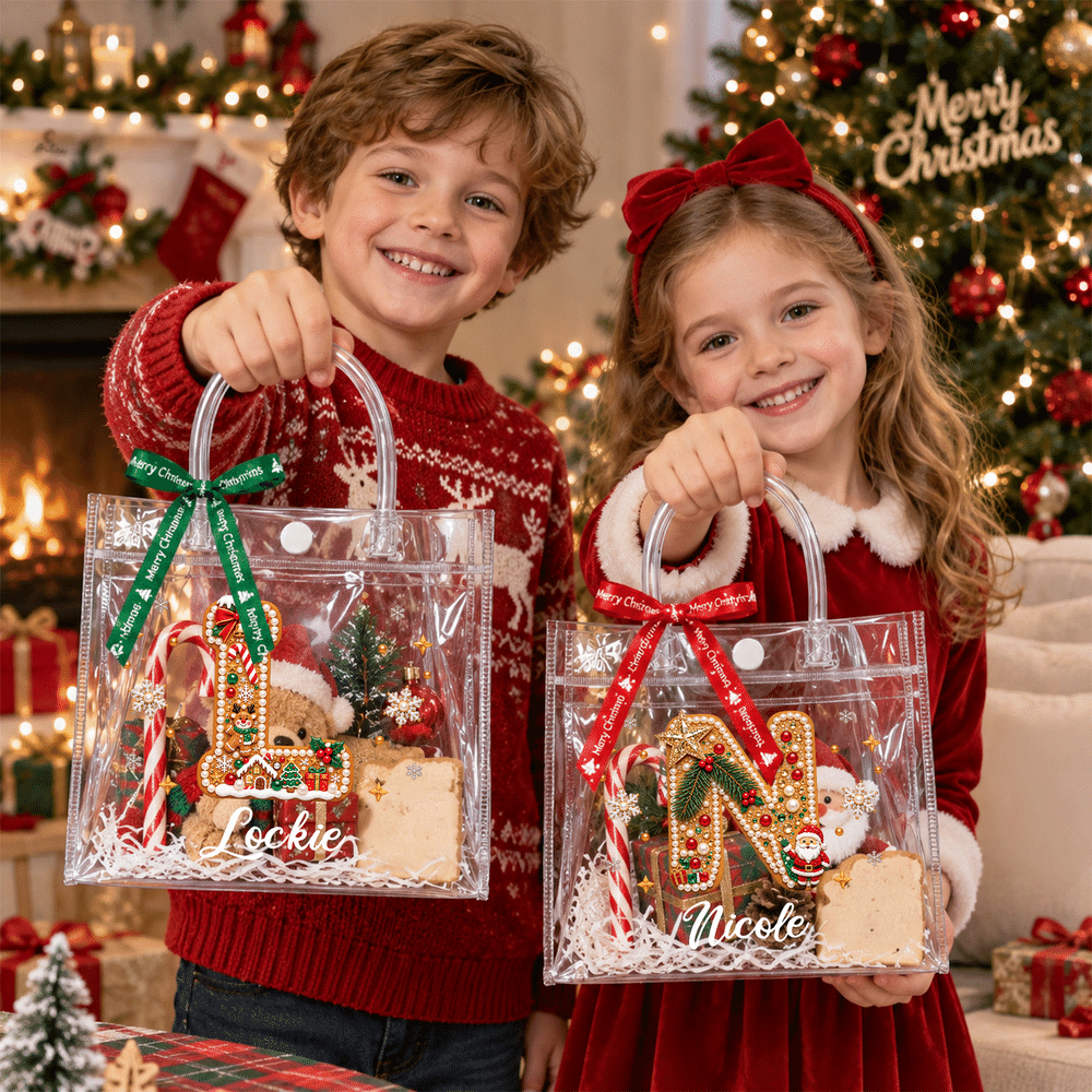 Bolsa de regalo transparente personalizada de Navidad con iniciales y diseño de abalorios, con el nombre del destinatario; regalo para fiestas navideñas y uso diario para niños 5