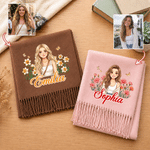Personalised Watercolor Comic Style Photo Birth Flower Tassel Scarf Shawl with Name Winter Accessory Birthday Christmas Gift for Woman Friend 1