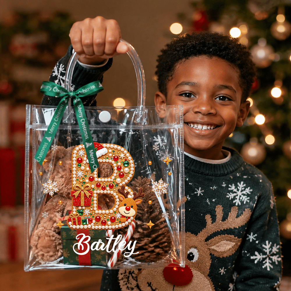 Bolsa de regalo transparente personalizada de Navidad con iniciales y diseño de abalorios, con el nombre del destinatario; regalo para fiestas navideñas y uso diario para niños 6