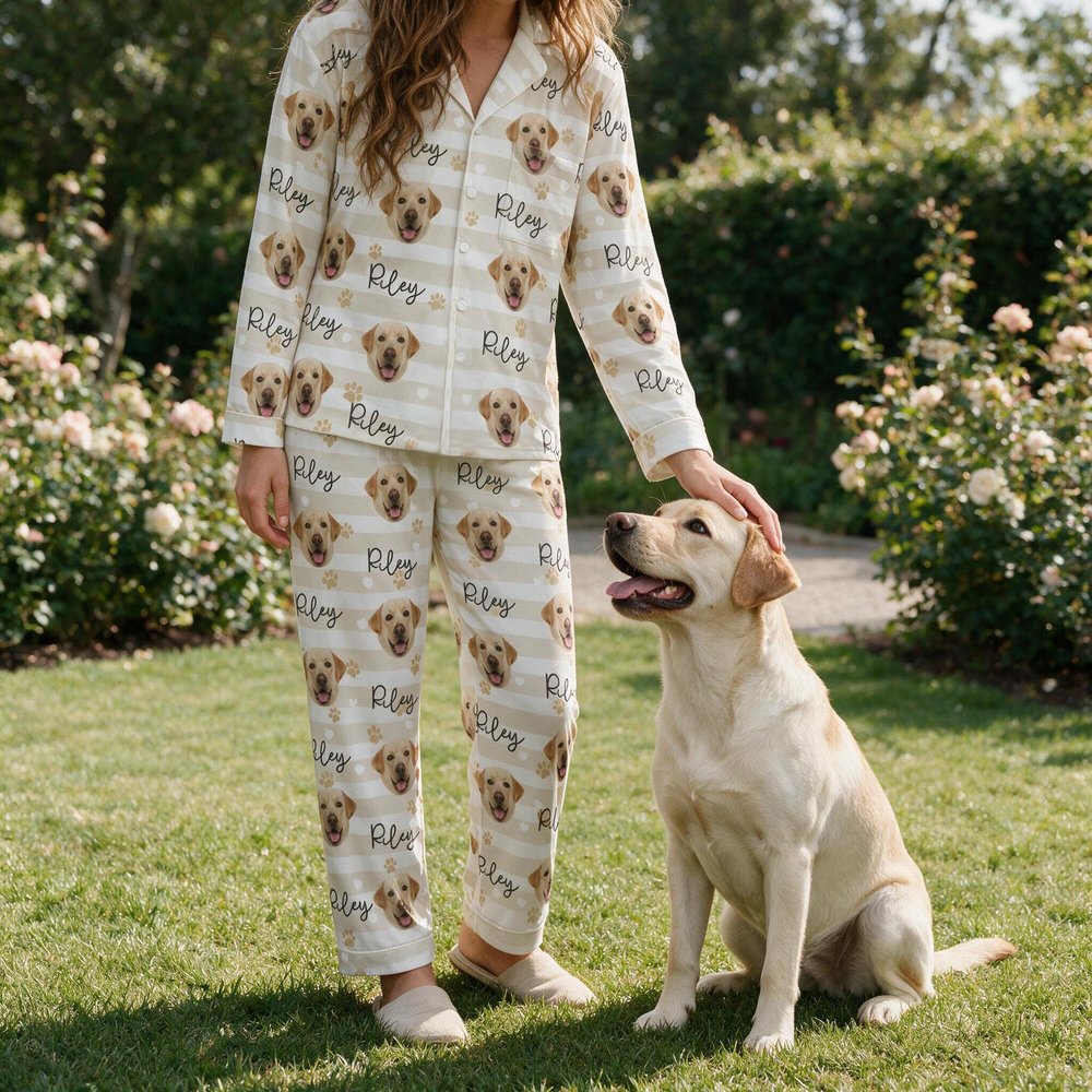 Personalised Pet Face Photo Striped Paw Heart Pattern Women Pyjama Set with Name Loungewear Daily Home Wear Birthday Gift for Pet Lovers  Best Friends 7