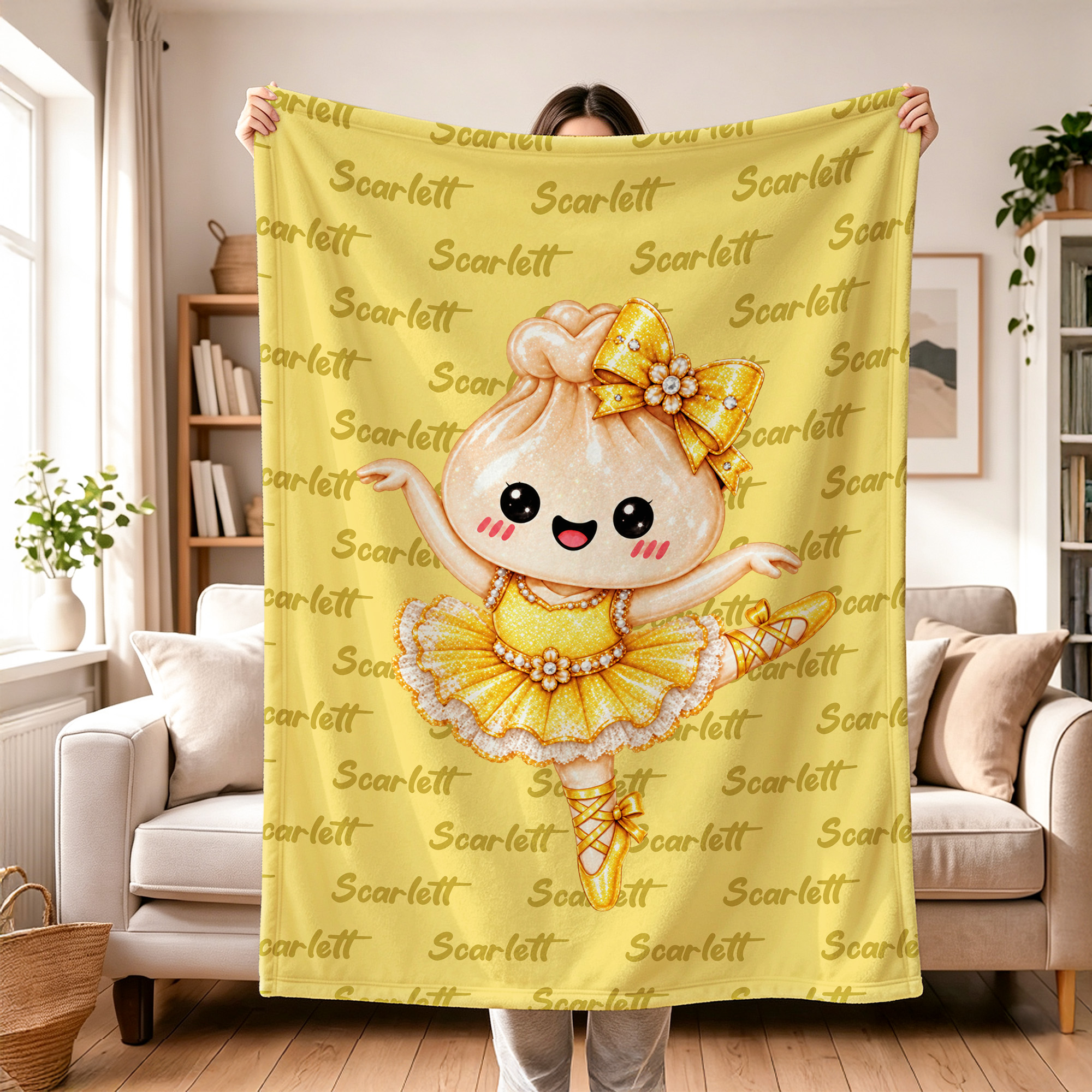 Personalized Glitter Ballerina Dumpling Character Word Cloud Soft Throw Blanket with Name Home Decor Birthday Christmas Gift for Girls Ballet Dancers